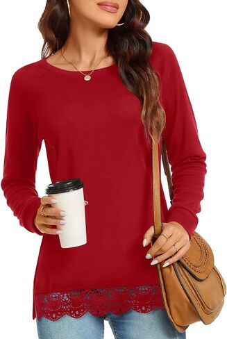 TAOHUADAO Women's Casual Long Sleeve Tops Lace Hem T-Shirt Side Split Tunic in Kuwait