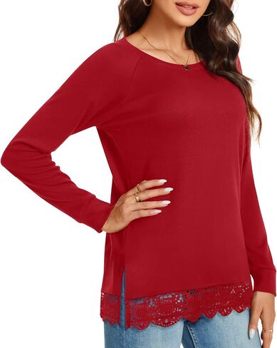 TAOHUADAO Women's Casual Long Sleeve Tops Lace Hem T-Shirt Side Split Tunic in Kuwait