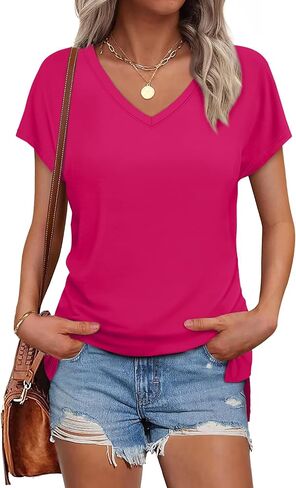WIHOLL Womens Tops Basic Summer V Neck T Shirts Short Sleeve Dressy Casual Loose Fit Cute Tee Clothes Trendy Fashion Outfits in Saudi Arabia
