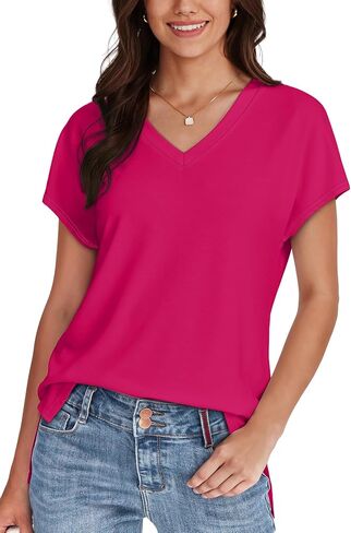 WIHOLL Womens Tops Basic Summer V Neck T Shirts Short Sleeve Dressy Casual Loose Fit Cute Tee Clothes Trendy Fashion Outfits in Saudi Arabia