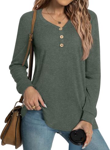 HOTGIFT 2024 Women Winter Fall Tops Shirts Long Sleeve Casual Tshirts Vneck Button Down Henley Blouse Tunic in Saudi Arabia