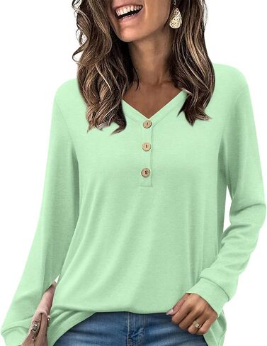 HOTGIFT 2024 Women Winter Fall Tops Shirts Long Sleeve Casual Tshirts Vneck Button Down Henley Blouse Tunic in Saudi Arabia
