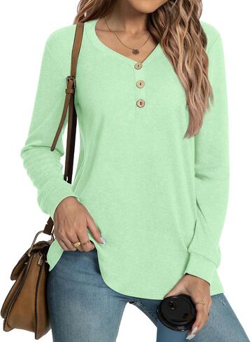 HOTGIFT 2024 Women Winter Fall Tops Shirts Long Sleeve Casual Tshirts Vneck Button Down Henley Blouse Tunic in Saudi Arabia