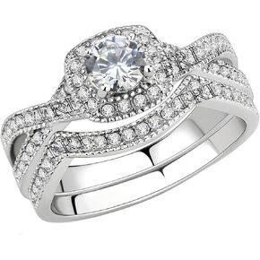 Stainless Steel Rings for Women Infinity Wedding Set Round CZ Cubic Zirconia Halo Engagement Bridal Jewelry Set