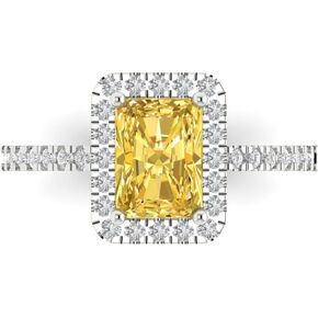 1.86 ct Emerald Cut Natural Citrine 14k White Gold Halo Solitaire with Accents Wedding Engagement Bridal Promise Ring