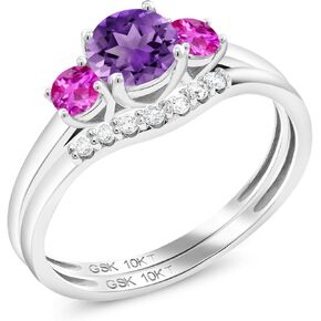 10K White Gold Purple Amethyst and Pink Sapphire and Lab Grown Diamond 3-Stone Bridal Engagement Wedding Ring Set For Women (0.78 Cttw, February Birthstone, Round 5MM, Available in Size 5,6,7,8,9)