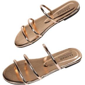 GORGLITTER Women's Metallic Strappy Flat Sandals Open Toe Leather Dressy Fancy Slide Sandals