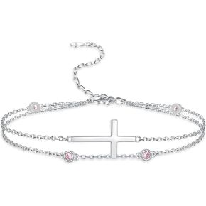 Sterling Silver Cross Birthstone Bracelet: Women Cross Month Stone Double Layer Chain Bracelet Birthday Gift