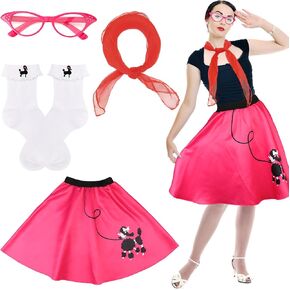4 PCs 1950's Women Costume, Poodle Skirts for Women, Scarf Eyeglasses Bandana Tie, Cotton Embroidery Poodle Socks