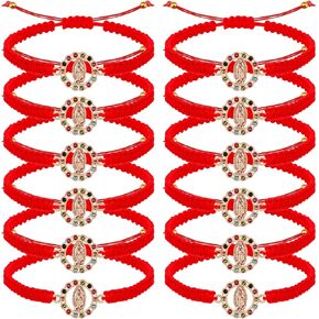 6Pcs/12Pcs Rhinestone Virgen de Guadalupe Bracelet Handmade Adjustable Red Rope Religion Protection Bracelet for Women Friendship Prayer Bracelet
