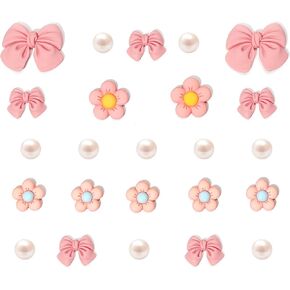 Resin Pink Bow Shoe Charms for Girls, 24Pcs Cute Flower Shoe Charms for Clog Sandals, Pearl Shoe Charms Accessories for Women, DIY Shoe Decoration Charms for Party Favor