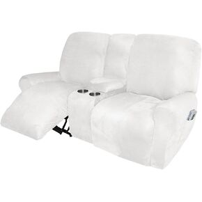 Loveseat Recliner Cover with Center Console 8-Piece Slipcover Loveseat Reclining Sofa Covers Velvet Stretch Thick Soft Washable Reclining Couch Covers Furniture Protector,White