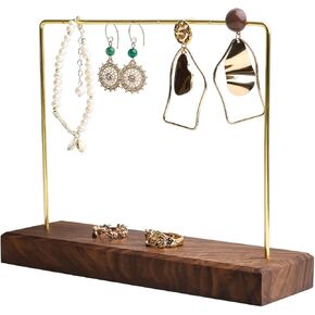 GemeShou Walnut Earring holder for selling, Brass earring stands and displays for show, Wood Jewelry Storage hanging shelf for Girl Woman【Walnut U Shelf Height 5.91"-Small】