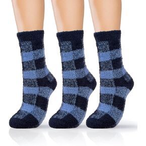 3 Pairs Womens Buffalo Plaid Cozy Crew Socks Soft Warm Fuzzy Fluffy Comfy Cute Winter Ankle Socks Christmas Gifts