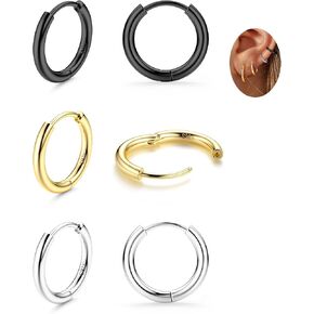 3 Pairs 925 Sterling Silver Hoop Earrings for Women Men Lightweight Small Helix Cartilage Hinged Hoop Earrings 18K White Gold Plated Huggie Hoop Earrings Set 6mm 8mm 10mm 12mm