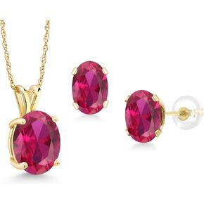 Gem Stone King 14K Yellow Gold Red Created Ruby Pendant and Earrings Jewelry Set For Women | 5.50 Cttw | Oval 10X8MM and 8X6MM | With 18 Inch Chain