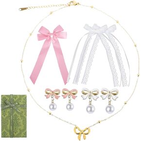 Bow Coquette Jewelry Set 6PCS, Gold Bow Necklace, Pearl Bow Earrings, Pink & White Bows for Hair for Women Coquette Accessories Trendy Gifts Coquette Stuff, Valentines Gift