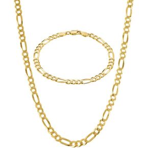 KISPER 18K Gold Over 925 Sterling Silver Italian 5mm Solid Diamond-Cut Figaro Link Chain Necklace & Bracelet Set - 18" Necklace & 7" Bracelet - Made in Italy