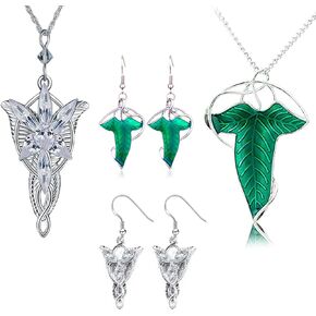 4 pcs Vintage Elven Earrings Green Leaf Pin Brooch Pendant Chain Necklace Elven Leaf Aragorn Arwen Evenstar Pendant Necklace