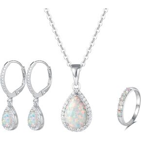 FANCIME October Birthstone Necklace Earrings Ring Sterling Silver White Opal Necklace Fire Opal Ring Halo Waterdrop Earrings Fine Opal Jewelry Set for Women