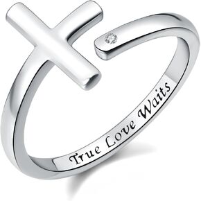 925 Sterling Silver Cross Rings for Women - Faith Inspirational Adjustable Rings Jewelry Gifts for Christian (True Love Waits)