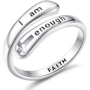 FIASASO 925 Sterling Silver Rings I am Enough Inspirational Rings Faith Christian Cross Encouragement Statement Rings for Women Men I am Enough