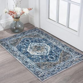 KOZYFLY Small Area Rug 2x3 Ft Rugs for Entryway Washable Boho Entry Rug Non Slip Door Mat Indoor Entrance Blue Printed Faux Wool Vintage Printed Kitchen Rug Throw Rugs for Entrance Kitchen Bathroom
