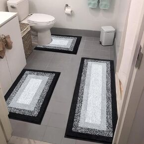 Bsmathom Microfiber Bathroom Rugs Sets 3 Piece, Non Slip Bath Rugs for Bathroom, Absorbent Plush Shaggy Bath Mat with U-Shaped Contour Toilet Mat Machine Washable, Black