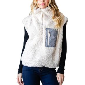 QIBABU Womens Fuzzy Fleece Vest Half Zip Pullover Vest Cozy Sleeveless Sherpa Jacket with Pockets