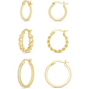 Amazon Essentials Plated Cubic Zirconia Hoop, Braided Hoop and Polished Hoop Earring Set