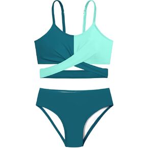 Girls Swimsuit Bathing Suits Criss Cross Bikini Set Two Piece Girls' Swimwear Solid Color Bathing Suit 7-16T