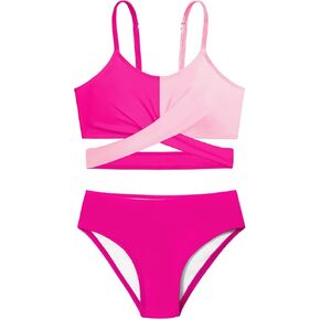 Girls Swimsuit Bathing Suits Criss Cross Bikini Set Two Piece Girls' Swimwear Solid Color Bathing Suit 7-16T