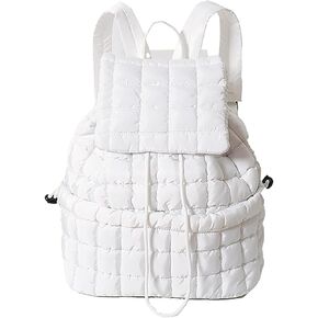Quilted Backpack for Women Lightweight Puffer Hiker Pack Drawstring Padding Travel Gym Bag Casual Daypack (White)