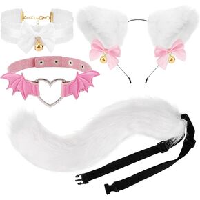 XEPST Cat Cosplay Costume Set Cat Ears and Animal Tail Kit, Faux Fur Furry Fox Wolf Tail Kit with Ears and Bells Collar for Anime Fancy Dress Party Halloween Christmas Dress Up Carnival Role Play