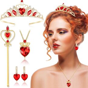 Liliful 4 Pcs Valentine's Day Queen Costume Accessories Red Heart Crown Necklace and Scepter Heart Dangle Earrings for Valentine's Day Halloween Party