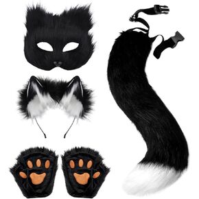 5Pcs/ Set Faux Fur Fox Tail Cat Wolf Cosplay Costume Set Furry Orc Mask and Fox Tail Gloves Set Halloween Christmas Party for Adults, Men and Women Costume Accessories, Furry Costume Black