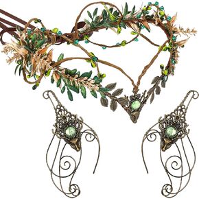 MOSTORY Medieval Fairy Accessories Set - Renaissance Woodland Crown and Elf Ears Cuffs Set Flower Crown and Cuff Earrings for Women Renfaire Outfit Halloween Cosplay Fantasy Costume