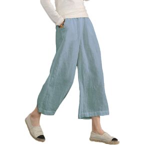 ECUPPER Womens Casual Loose Linen Elastic Wasit Ankle Pants Plus Size Cropped Trousers
