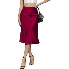ALCEA ROSEA Womens Satin High Waisted Silky Midi Skirt Elastic A-line Skirt for Wedding Party Work AR1212