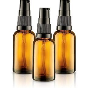 3 Pack Empty Refillable Glass Amber Pump Bottle Ideal for Lotion Cream Essential Oil Travel Small Container, 30ml