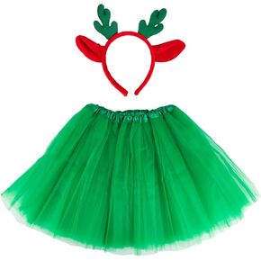 Christmas Tutu Skirt with Reindeer Antler Headband for Cosplay Party Decorative Costume Green