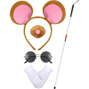 Yunlly 5 PCS Halloween Mouse Costume Accessories Set Folding Blind Cane Pink Mouse Headband Nose White Gloves Round Glasses