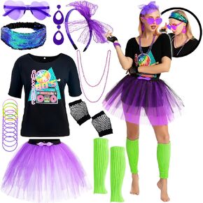 Spooktacular Creations Purple 80s Costume Set with T-Shirt Tutu Headband & Other Halloween Cosplay Accessories
