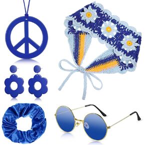 Remuuly 5 Pcs 70s Hippie Costume Accessories Boho Knit Headband Peace Sign Necklace Flower Earrings Scrunchie Sunglasses in Kuwait