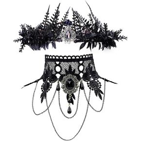 MOSTORY Gothic Renaissance Accessory Set - Black King Crown and Lace Choker for Women Elf Crown Vampire Necklace for Witch Outfit Halloween Costume Goth Cosplay Renfaire Costume