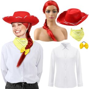 5 Pcs Halloween Cowgirl Costume Set for Women Hippie Outfit Accessories Includes Cowboy Hat Braid Red Wig Bow Hair Tie Shirt Bandanas for Halloween Birthday Cowgirl Party Dress up