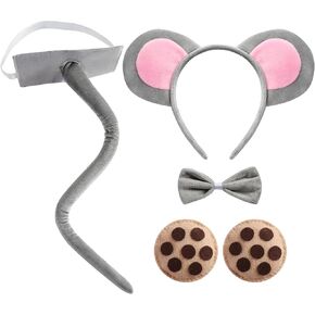 Mouse Costume Set and 2PC Cookie Brooches Mouse Ears Headband Bow Tie Tail Halloween Party Dress up Accessories