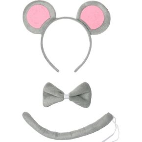 3 Pcs Mouse Ears Headband Costume Accessories Set,Grey Pink Rat Ears Headband/Bow Tie/Tail for Adults Women