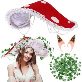 Riyiper 3 Pcs Renaissance Mushroom Accessories Set Medieval Mushroom Hat Elf Ears and Garland Costumes for Women