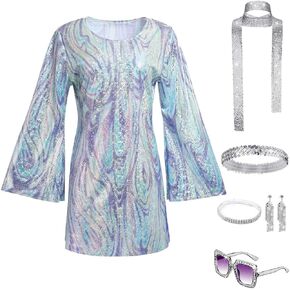 Women 70s Disco Costume Sequin Scarf Dress Earrings Sunglasses Diamond Bracelet Accessories Set for Halloween Party